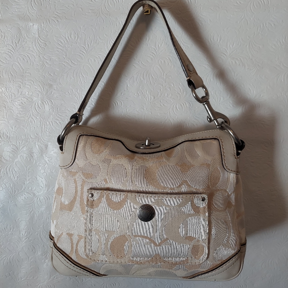COACH Chelsea Optic Signature Hobo, Ivory & Gold, Jacquard & Leather,